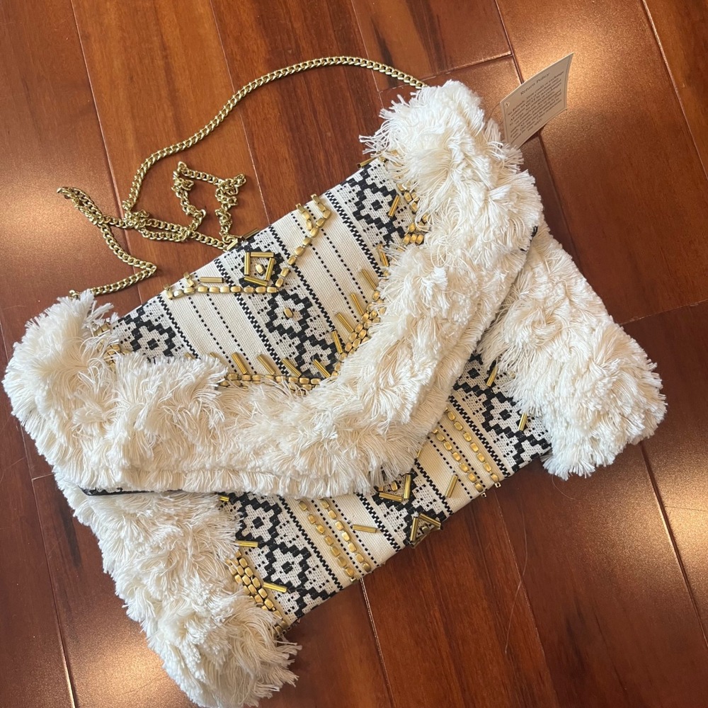 Lulus Boho Fringeβ Bag Clutch Purse JESSWG Beaded Envelope Cream Chain New NWT